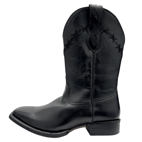 Other - Black Leather Cowboy Cowgirl Western Barbed Wire Square Toe Treaded Work Boots